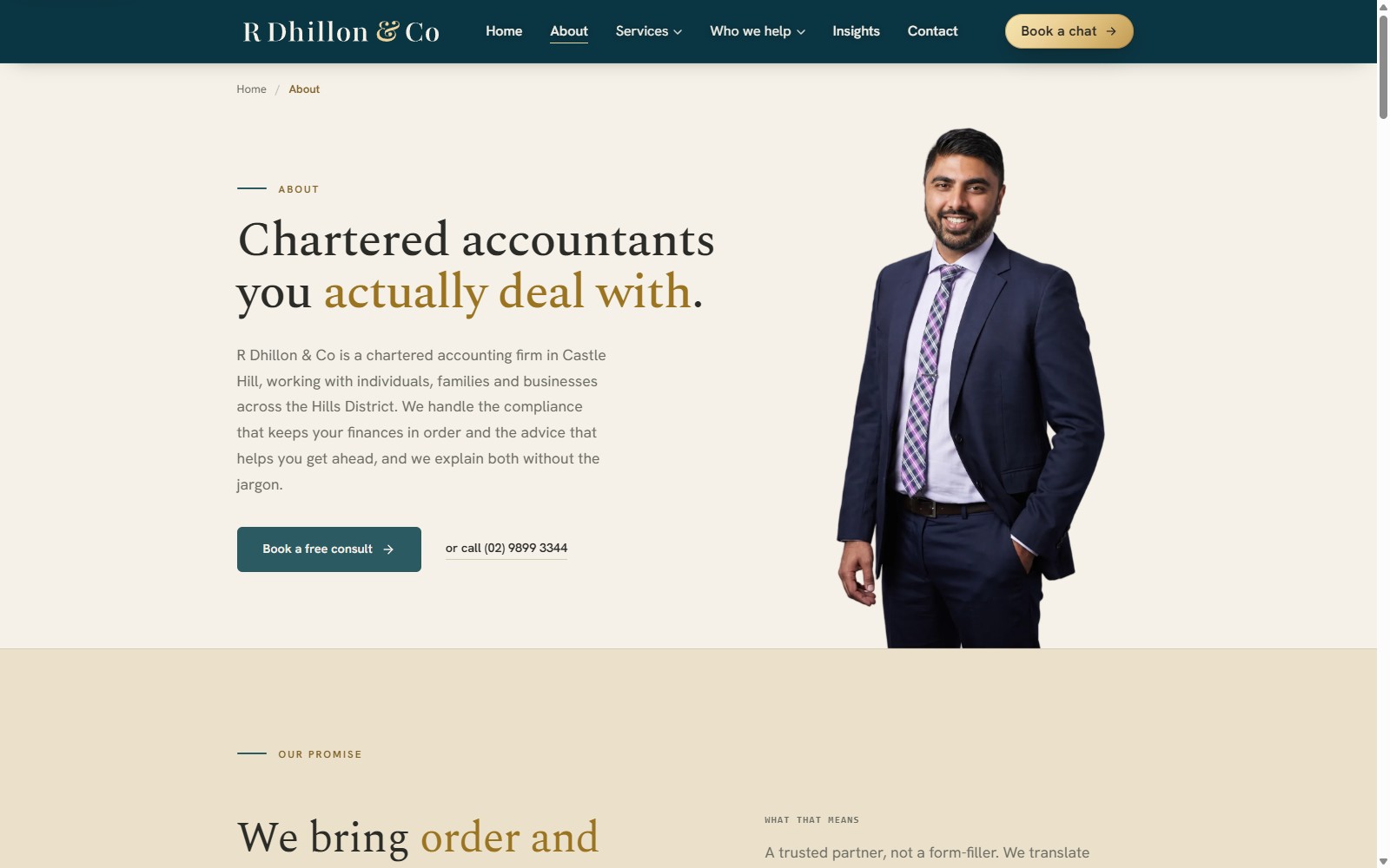 The About page: chartered accountants you actually deal with, alongside the principal’s portrait