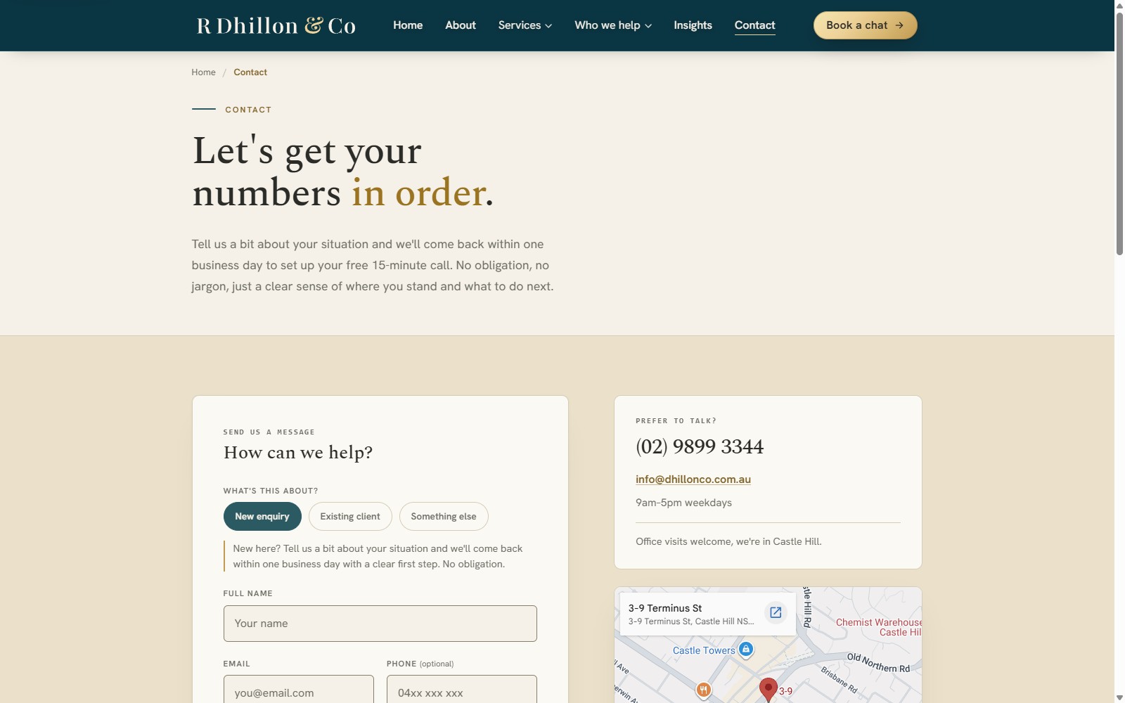 The contact page: a one-step enquiry form, direct phone line and the Castle Hill office on the map