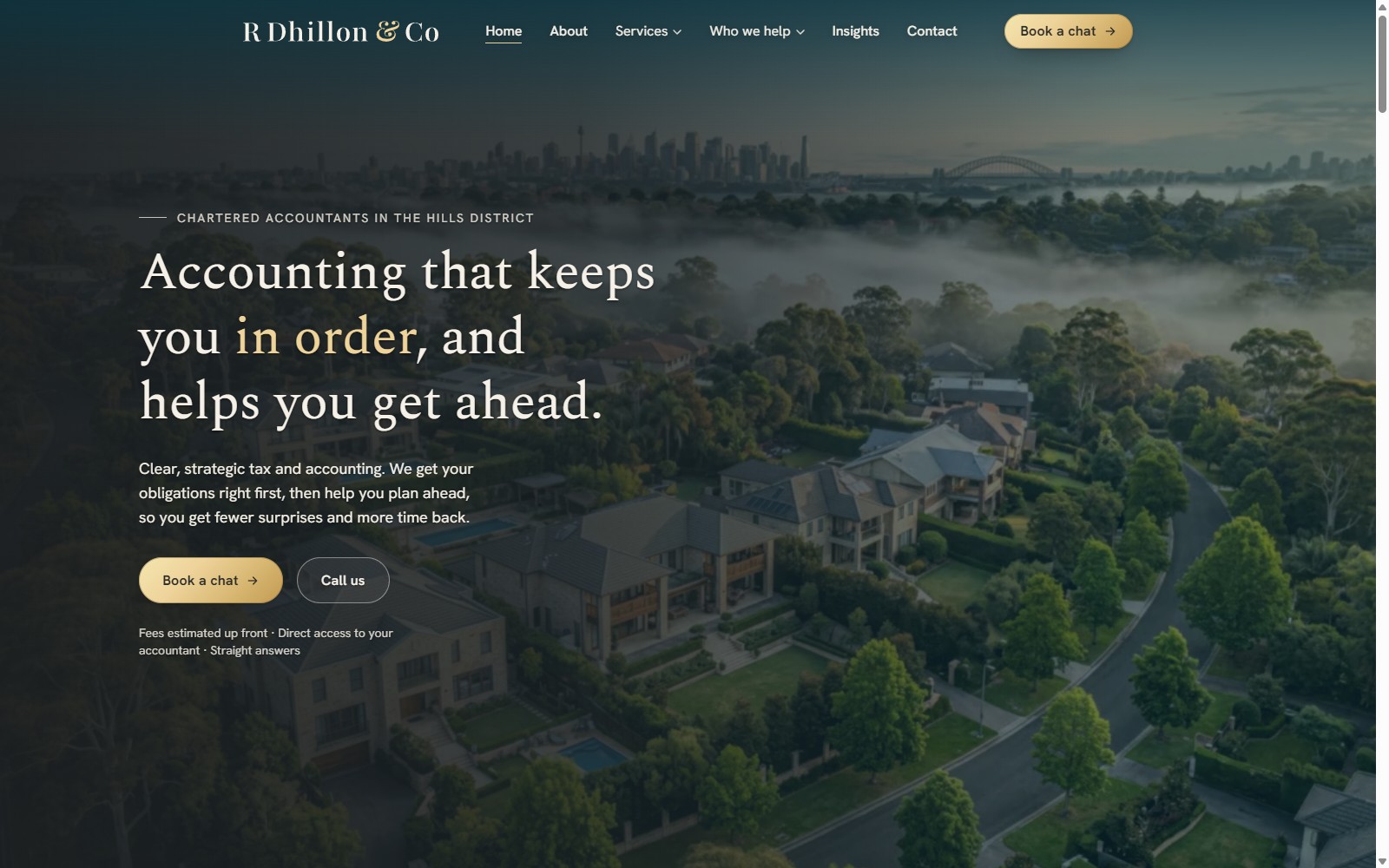 The R Dhillon & Co website: a dark, premium hero for the Castle Hill accounting firm